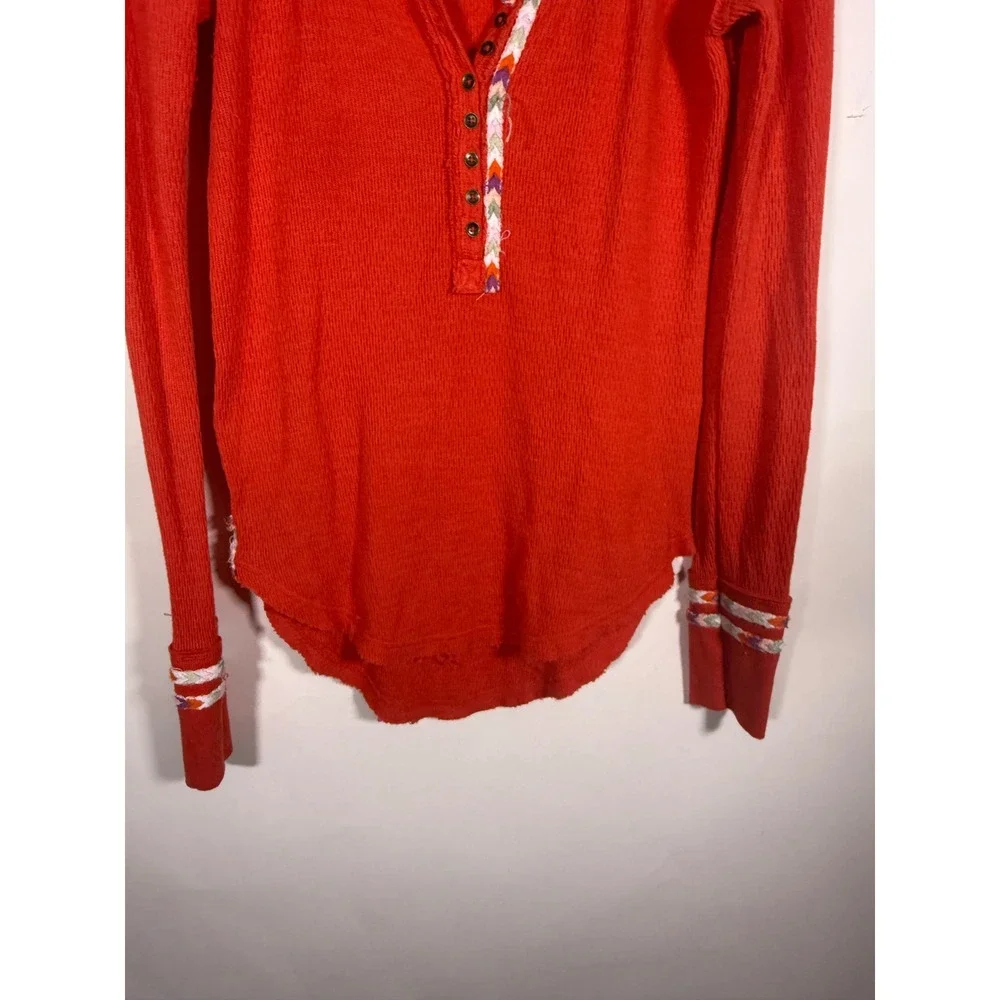 Free People We The Free Orange Red Thermal Henley Embroidered Trim Top XS